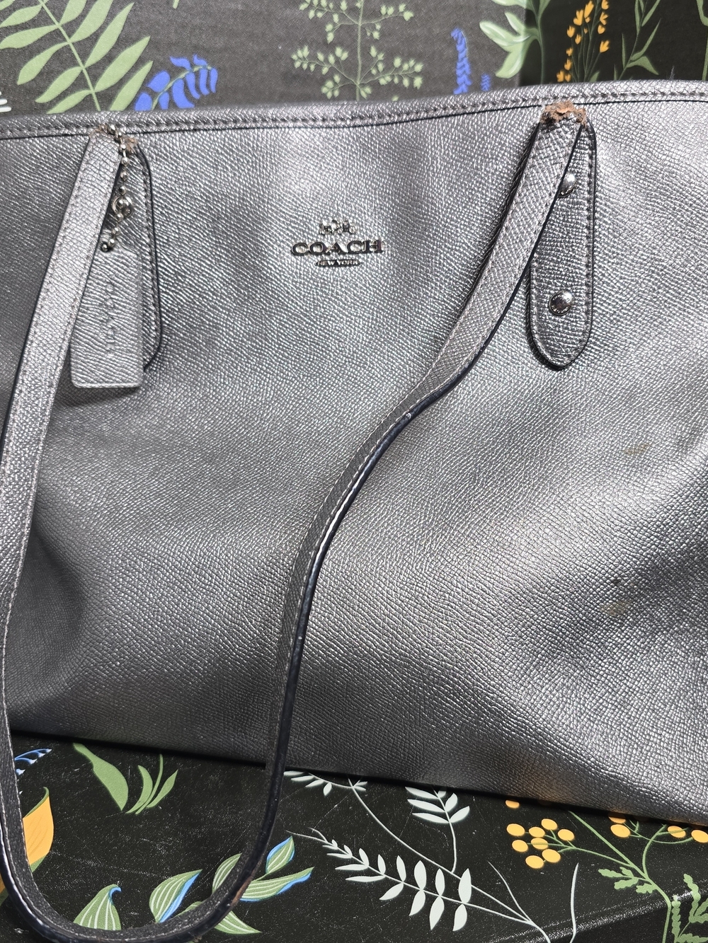 COACH Metallic Gray Leather Tote Bag DAMAGED READ DESC